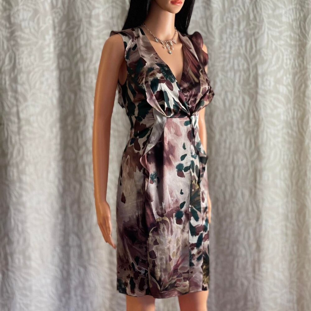 NWT Elie Tahari 100% Silk Watercolor Flutter Faux Wrap Mini‎ Dress Size 4
